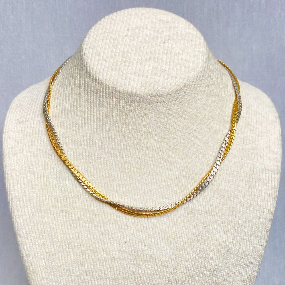 💎Avon Choker Necklace Double Stranded Twisted Gold Silver Tone Flat Cobra Chain